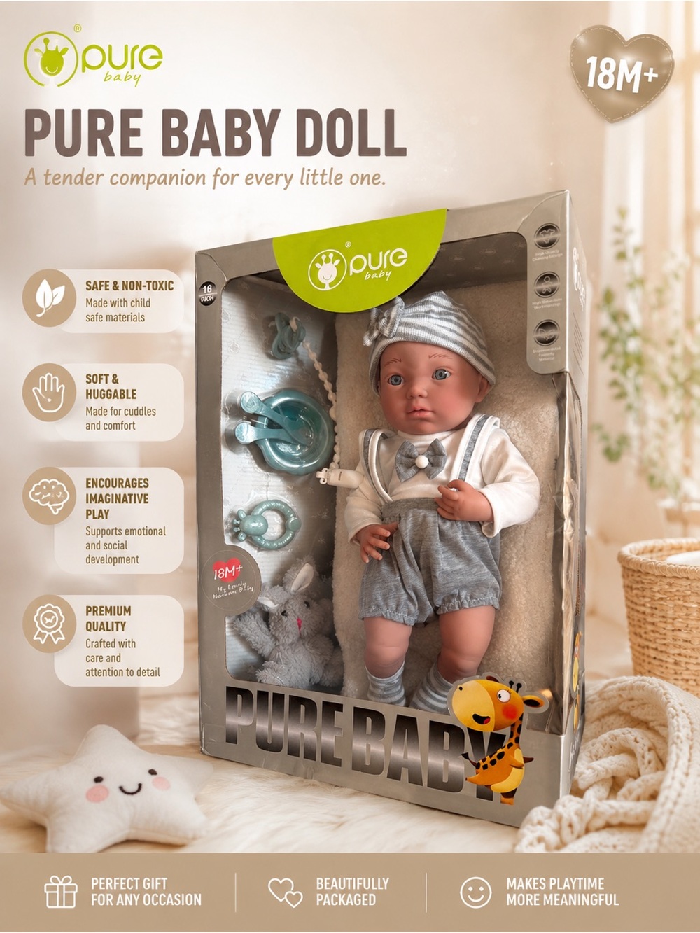 Purebaby Grey & White Baby Doll with Teether and Pacifier Set